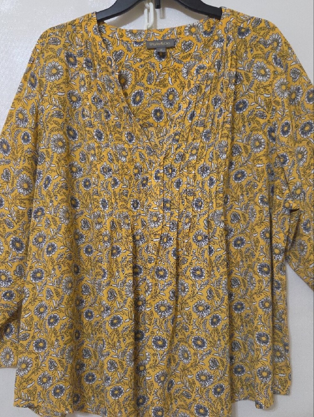 Style & Co Women's Mustard Floral V-Neck Pintuck Peasant Blouse - Size 3X